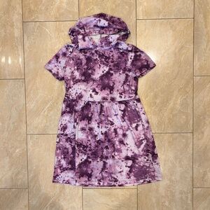 Fitted Short-Sleeve Hooded Purple White Tie-dye Dress